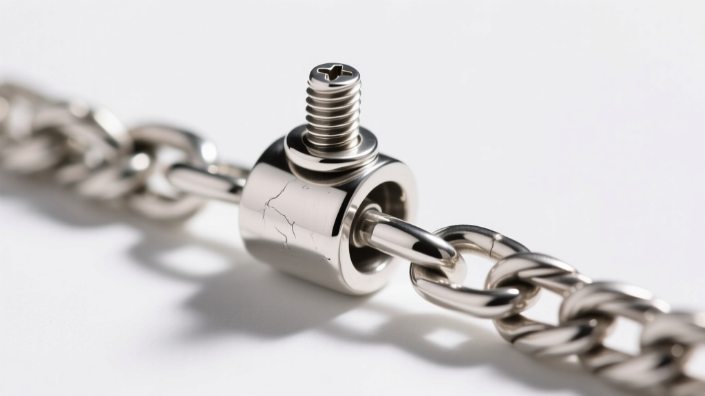 Macro shot of a specialized sterling silver ring holder bail with a secure screw-top mechanism, detached from a thick wheat chain
