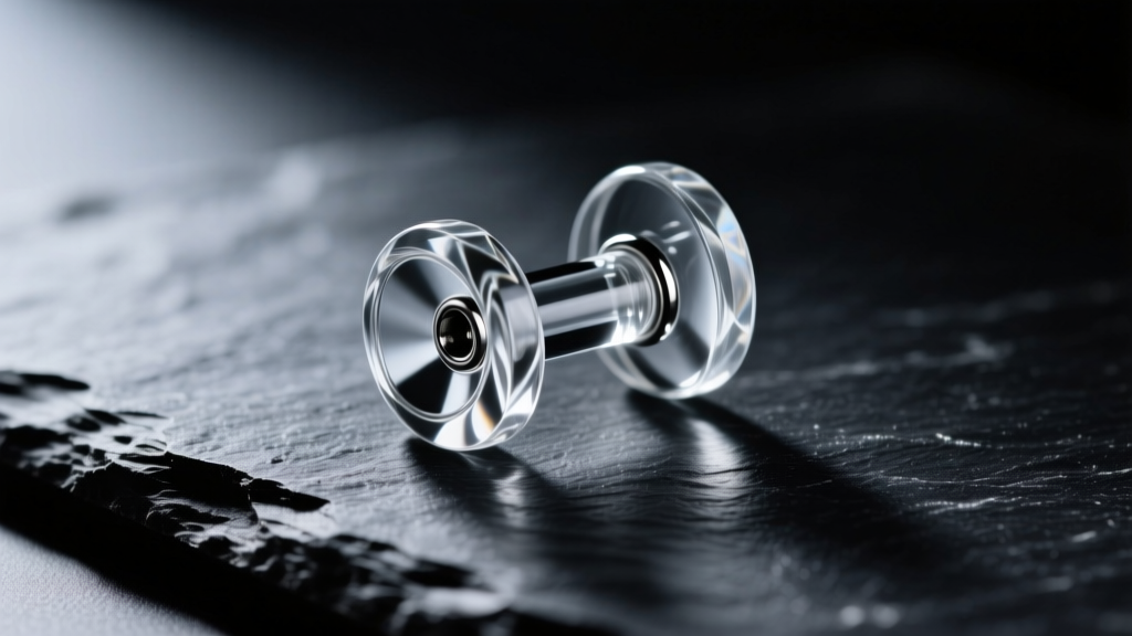 Macro shot of a polished clear glass double-flared ear plug resting on dark slate under dramatic, moody studio lighting.