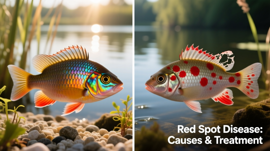 Side-by-side comparison: healthy fish with vibrant color versus same species showing red patches, eroded fins, and cloudy eyes
