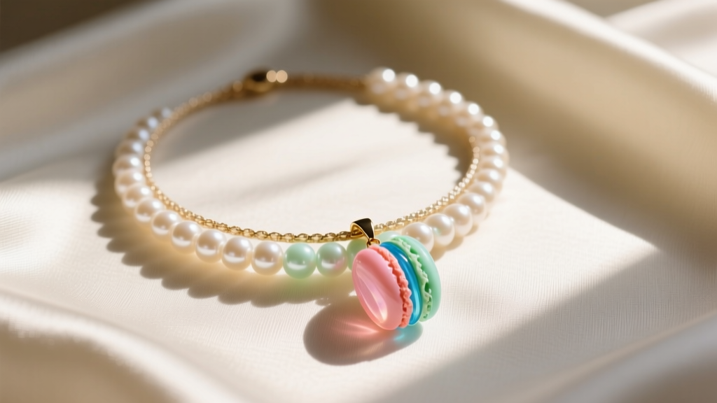 Flat lay of a pearl choker layered with a vibrant, translucent resin macaroni pendant, resting on silk in warm natural sunlight.