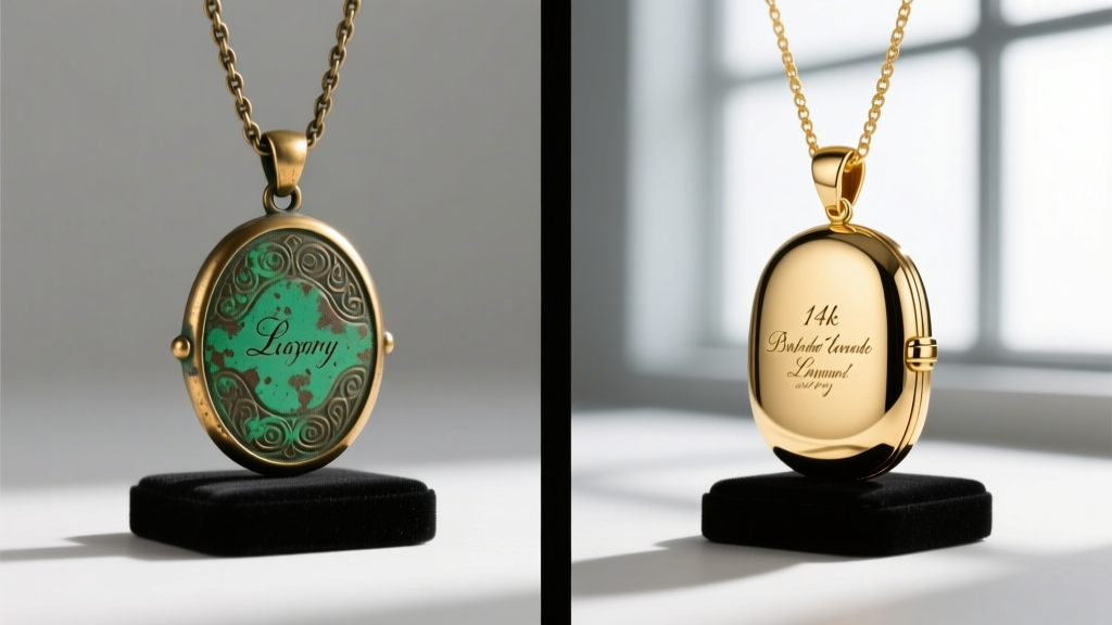 Side-by-side view of a cheap brass story pendant with green tarnish versus a pristine solid 14k gold bespoke narrative locket