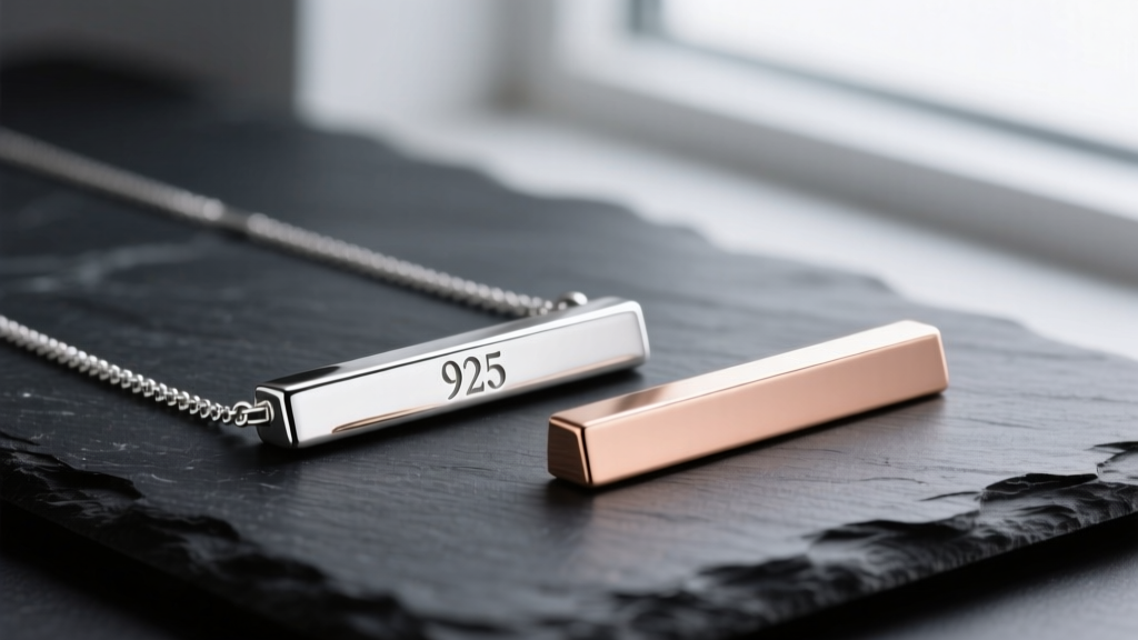 Polished 925 silver bar necklace and matte 18k rose gold bar on dark slate, highlighting the contrasting metal finishes.