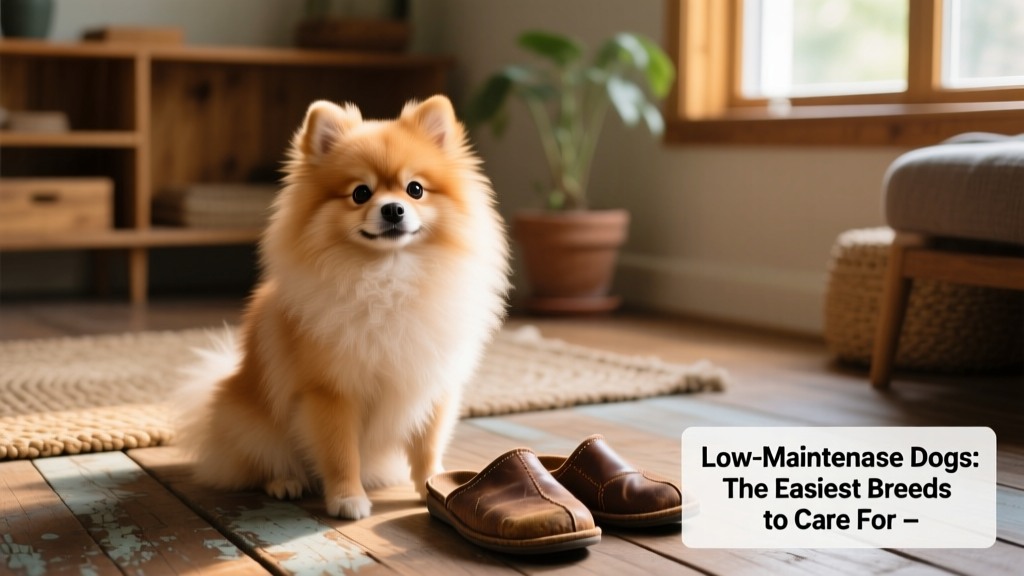 A fluffy Pomeranian sitting alertly on a wooden floor near a pair of slippers