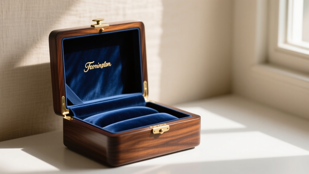 Restored mid-century vintage Farrington jewelry box in dark walnut veneer, open to reveal plush navy blue anti-tarnish velvet