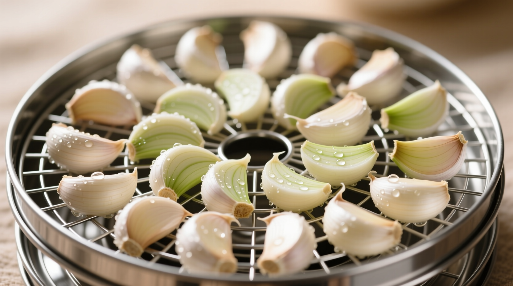 Fresh garlic cloves sliced and arranged on dehydrator tray
