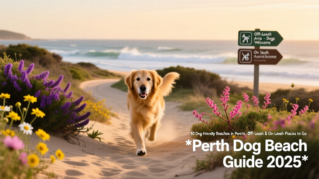 A golden retriever trotting along a sandy coastal trail bordered by native shrubs and wildflowers, leading toward a distant ocean view
