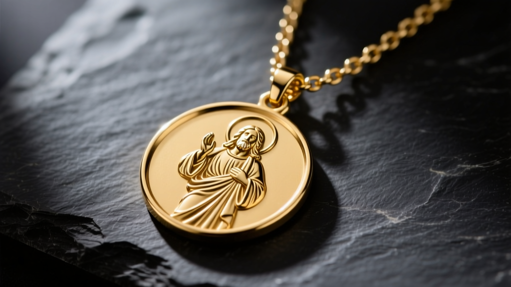Close up of 14k gold St Christopher medal on a rolo chain on dark slate, side lighting showing deeply carved metal relief details