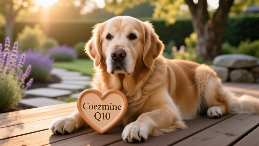Close-up of a healthy senior dog resting calmly beside a heart-shaped wellness icon