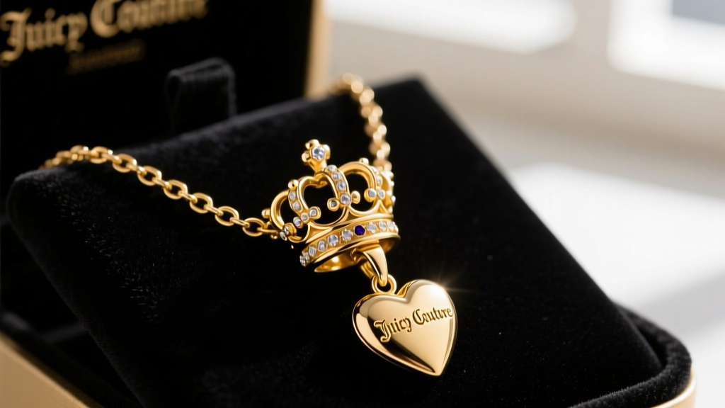 Close-up of a vintage Juicy Couture gold-plated charm necklace on black velvet, highlighting intricate crown and heart pendants.