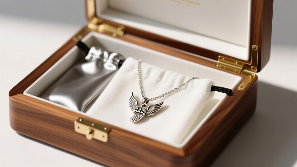 Anti-tarnish bag holding a microfiber cloth and delicate 444 angel necklace, stored safely inside a lined wooden jewelry box.