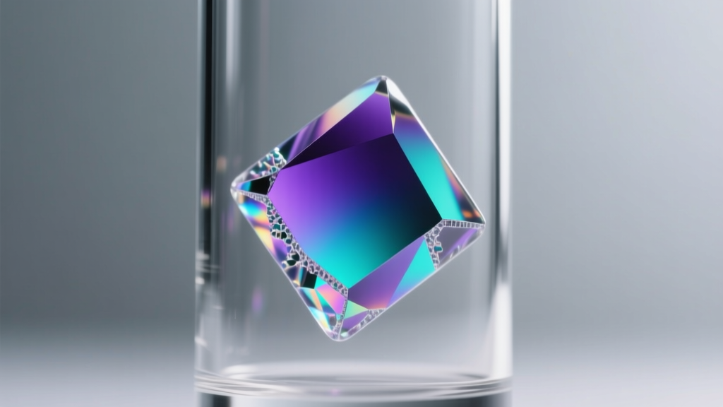 Macro shot of thermochromic liquid crystals in a glass quartz capsule showing purple and teal gradients under microscope lighting