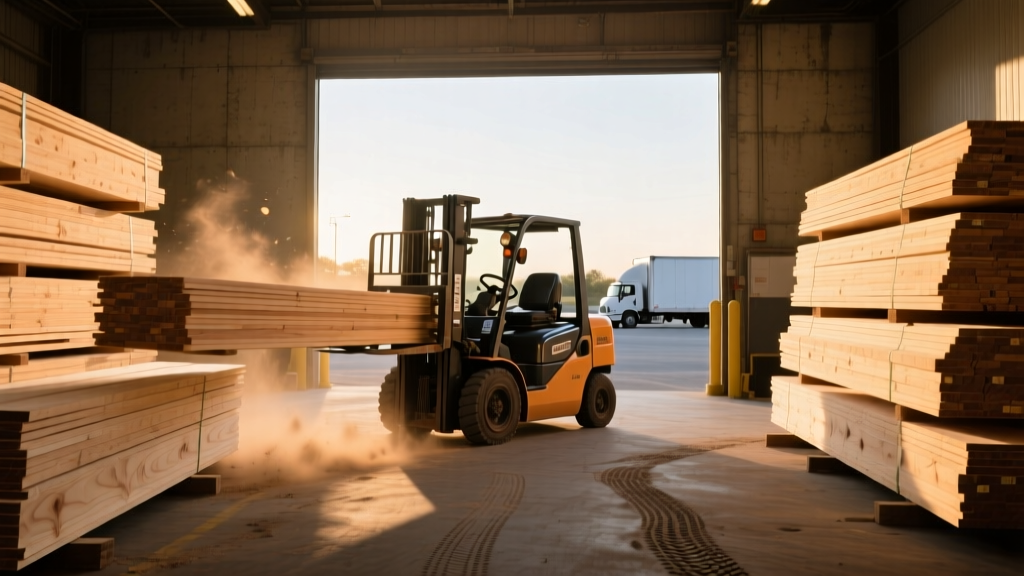 Forklift unloading stacked dimensional lumber and plywood sheets at a busy local pro lumberyard entrance on a bright morning