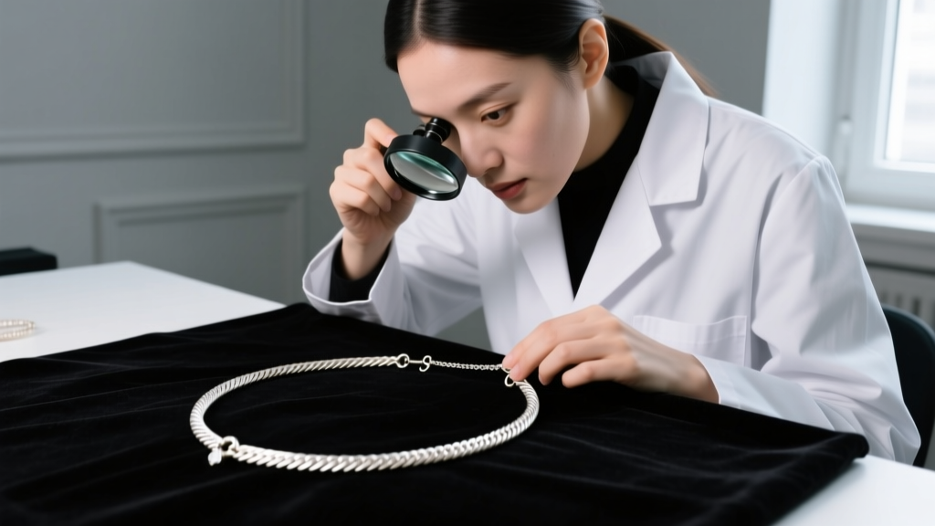 A jeweler using a loupe to inspect the soldered joints of a delicate 2mm white gold rope necklace for structural weak points.