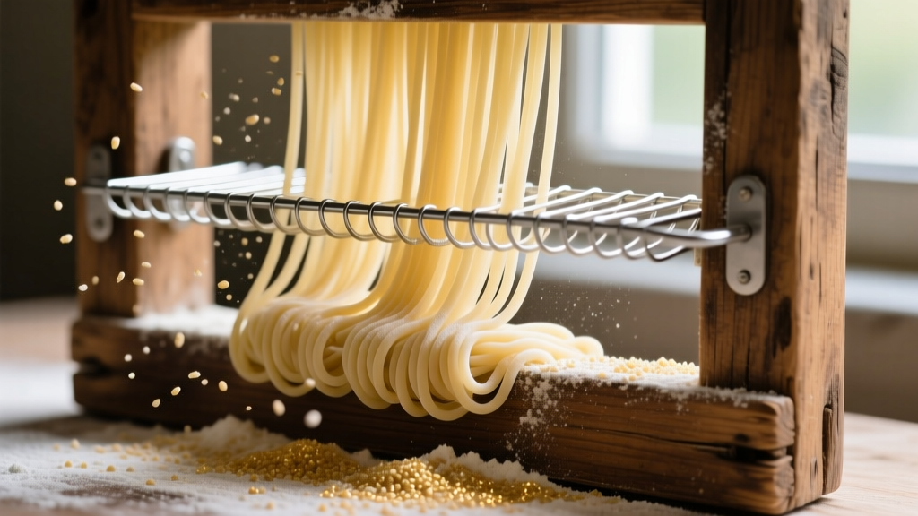 Close-up of fresh spaghetti alla chitarra pressed through stainless steel wires on a wooden frame with scattered semolina flour