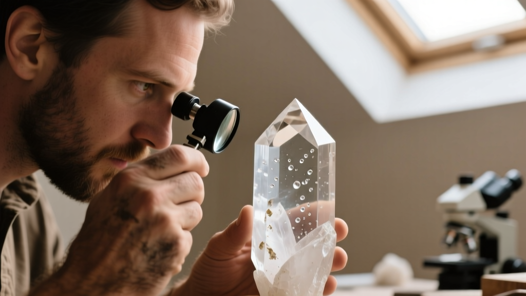 Jeweler using a loupe to inspect clear quartz pavilion facets, revealing natural liquid inclusions and slight surface abrasions