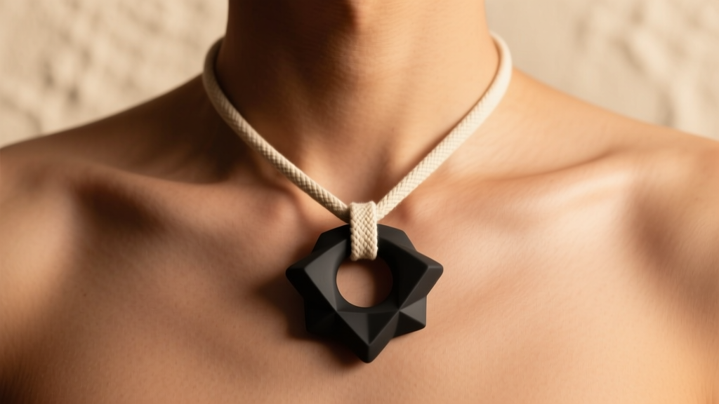 Adult wearing a discreet matte black geometric silicone necklace chew pendant on a cotton lanyard under warm studio lighting.