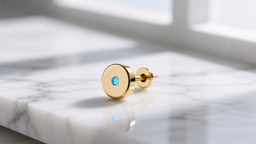 Sleek 14k gold vermeil smart earring stud resting on white marble, glowing faintly with a tiny micro-LED indicator light.