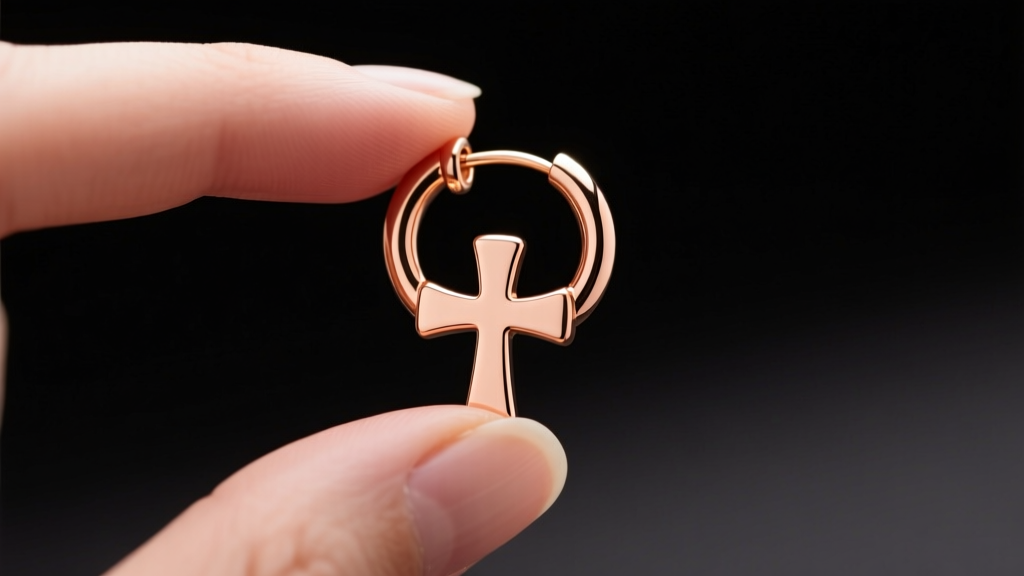 Fingers snapping shut the hinge clasp of a 16-gauge rose gold cross huggie earring against a high contrast studio backdrop.
