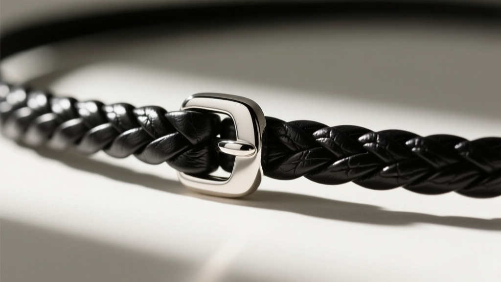 Macro photography of a braided black kangaroo leather necklace strap passing through a polished sterling silver pendant bail.