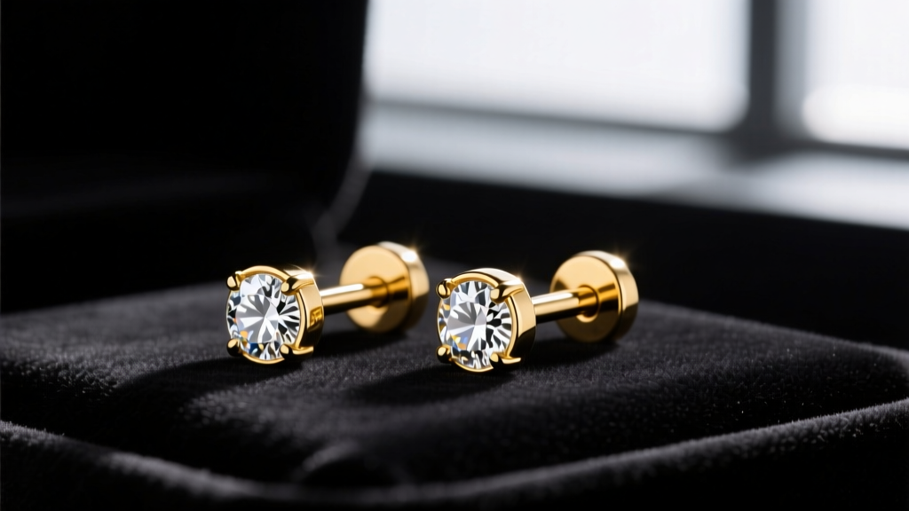 14k yellow gold threadless barbell earrings with diamond ends on dark velvet, soft studio lighting highlighting the polished metal