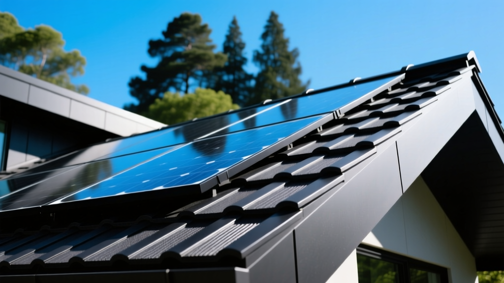 Close-up of sleek black perovskite solar roof shingles integrated with modern architectural lines reflecting a bright blue sky and trees.