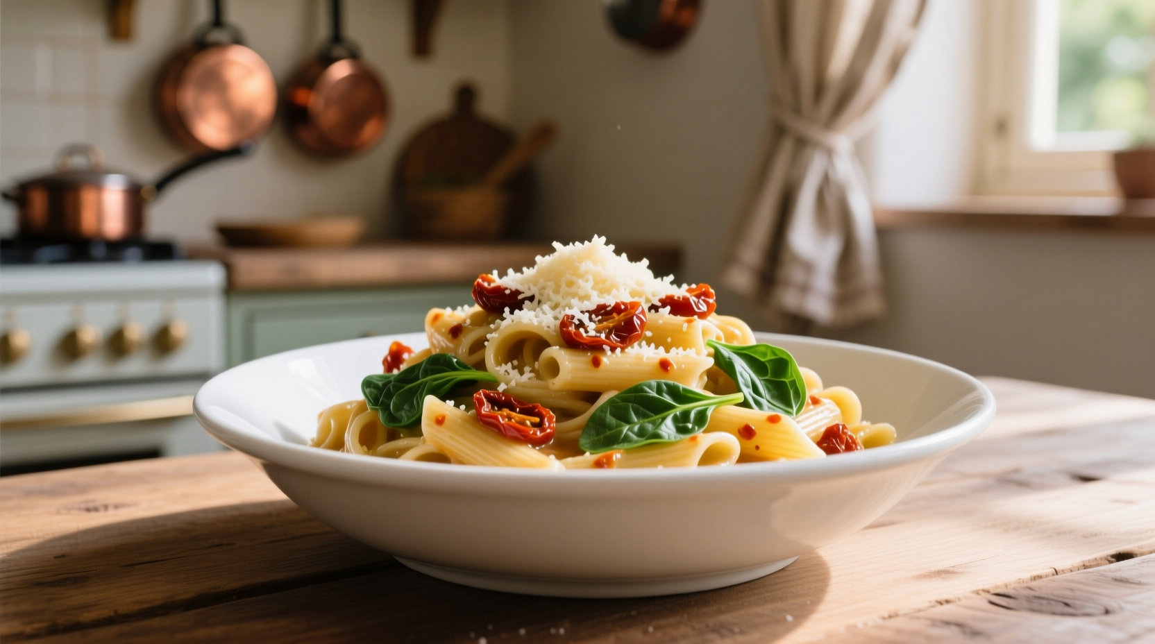 Creamy sun dried tomato and spinach pasta in white bowl