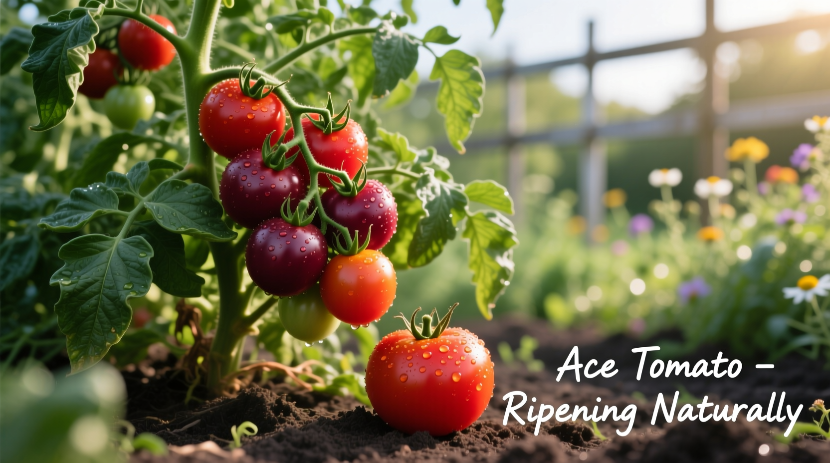 Healthy Ace tomato plant with ripening fruit in garden setting
