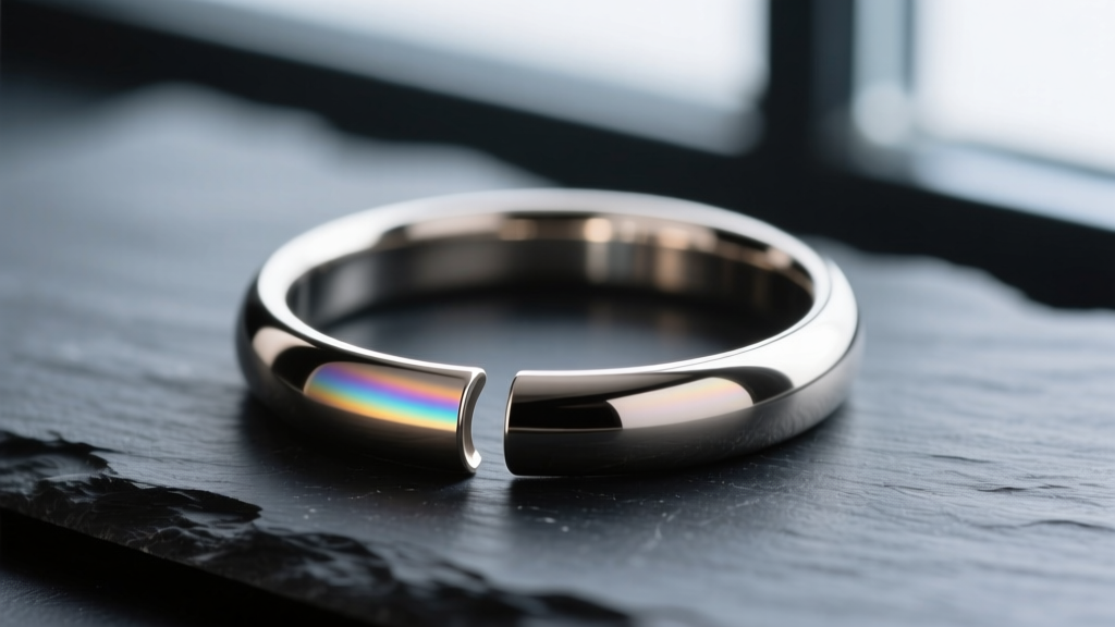 Macro shot of an 8mm titanium seamless hoop on dark slate, revealing the precise tension gap and highly polished metal finish.