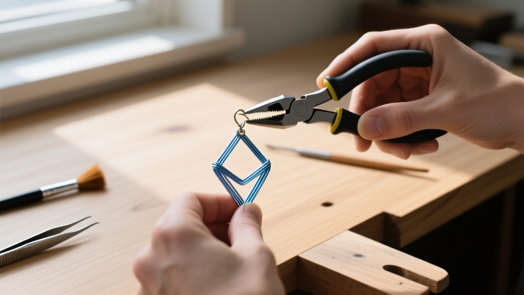 Jeweler using nylon-jaw pliers to bend 20-gauge niobium wire into a geometric line drawing earring shape on a wooden workbench.