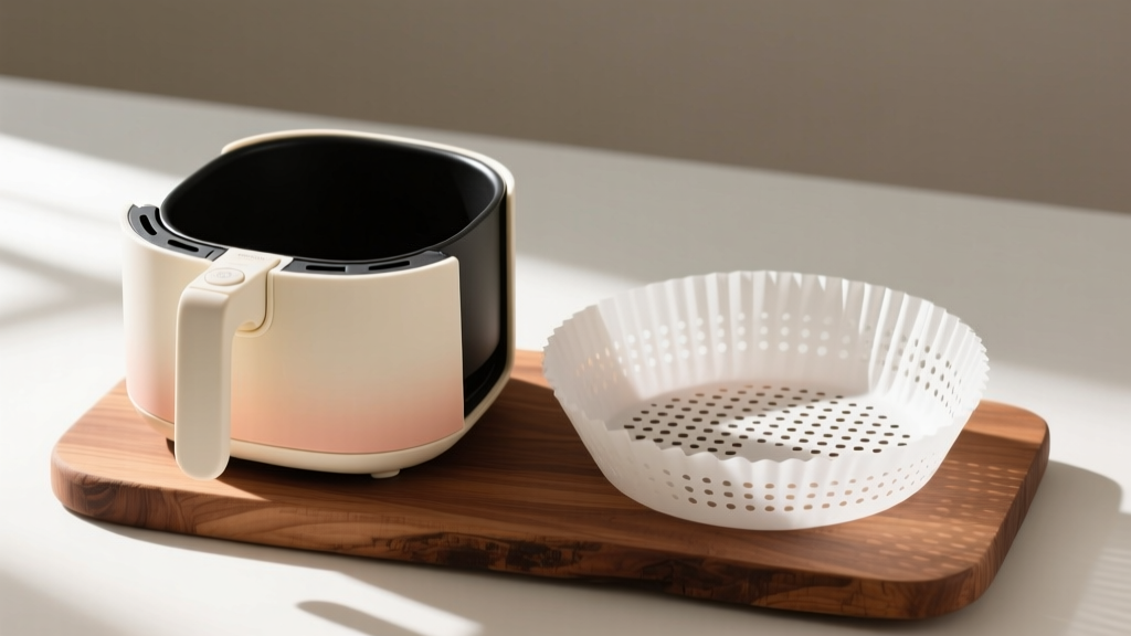 Solid silicone air fryer pot and perforated parchment liner side-by-side on a wooden board to compare airflow hole designs.