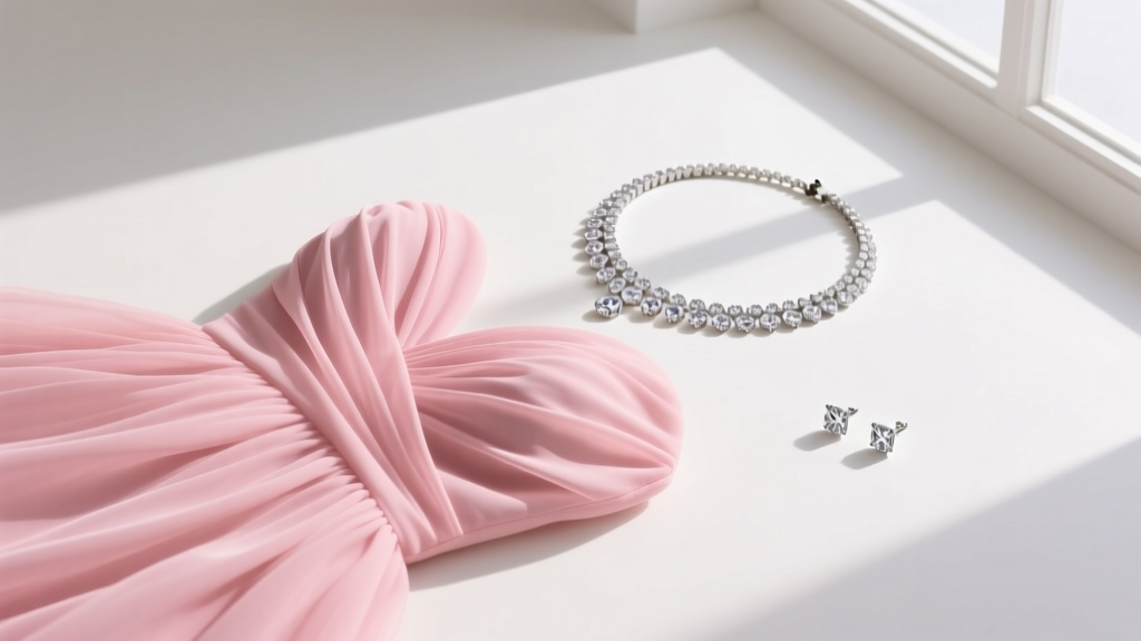 A sweetheart pink chiffon dress flatlay paired with a cascading diamond lariat necklace and simple, elegant diamond stud earrings.