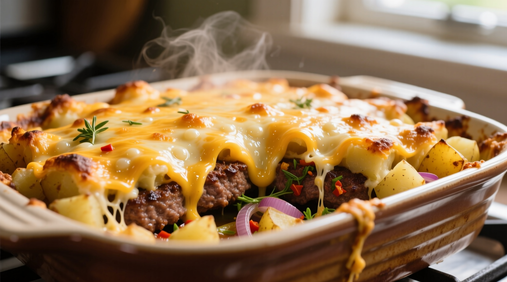 Golden baked hamburger meat and potato casserole with cheese topping