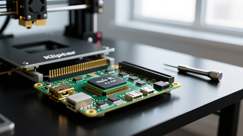 Close-up of a Raspberry Pi 5 with the Hailo-8L AI kit M.2 HAT installed, wired into a Klipper-based 3D printer mainboard