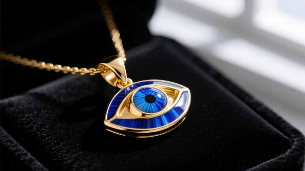 Macro shot of a 14k gold devil eye necklace pendant with vitreous blue enamel and a lapis lazuli cabochon on dark velvet.
