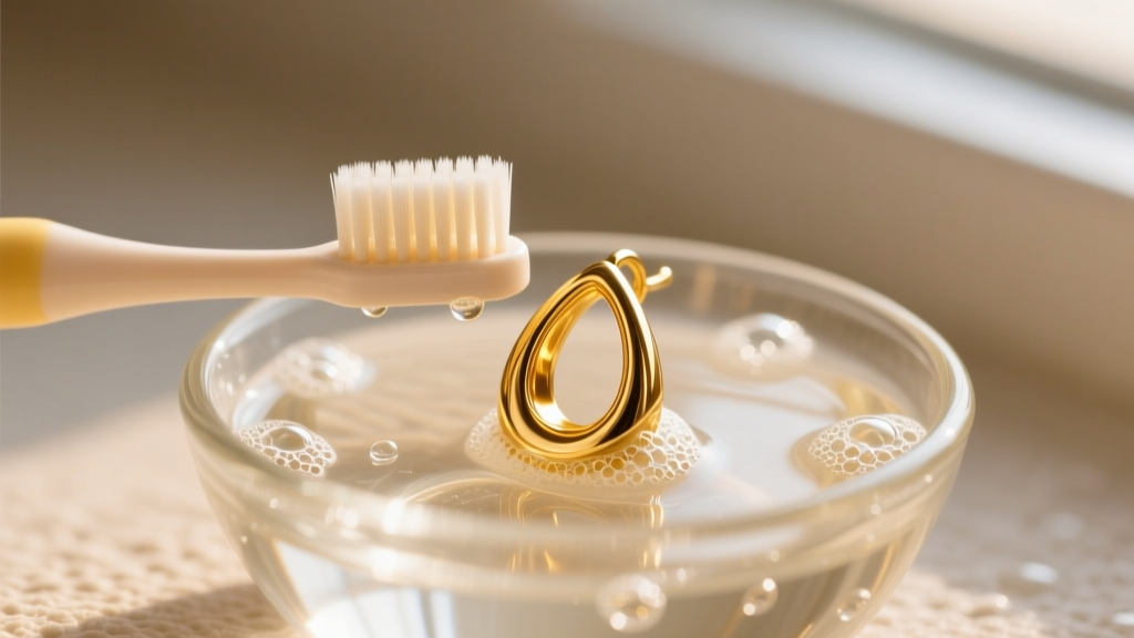 Soft baby toothbrush gently scrubbing a textured 18k gold tear drop earring submerged in a small glass bowl of soapy warm water