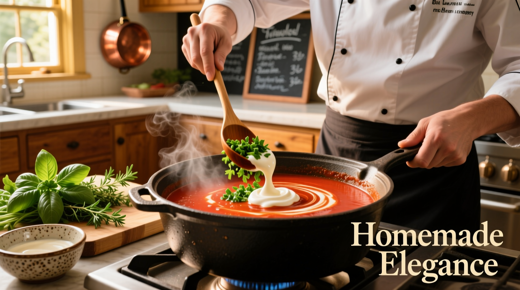 Chef enhancing canned tomato soup with fresh herbs and cream