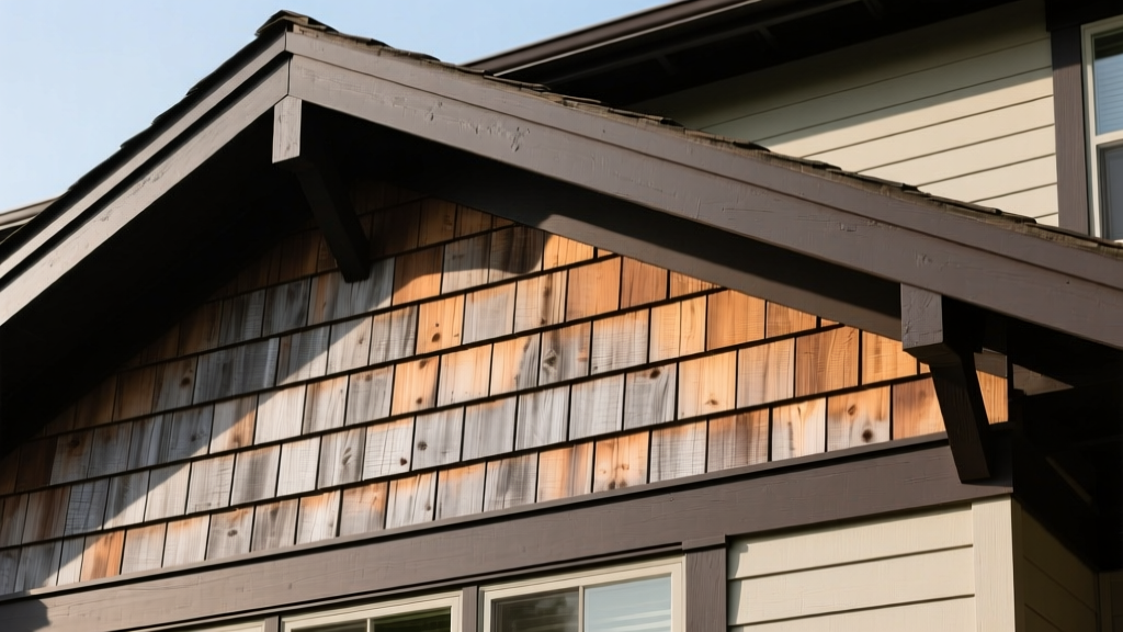 Close-up of Nichiha fiber cement shake siding in weathered cedar tones installed on a craftsman-style home exterior with dark trim