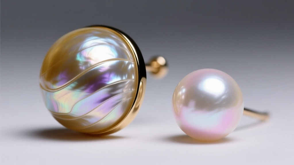 Macro shot comparing thick nacre of a South Sea pearl earring beside a thin Akoya pearl under bright directional studio lighting