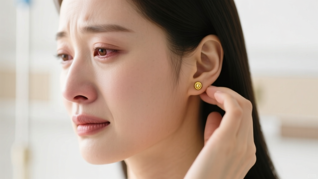Close-up of a woman gently touching her irritated earlobe wearing a small gold stud, soft natural lighting, warm clinical aesthetic.