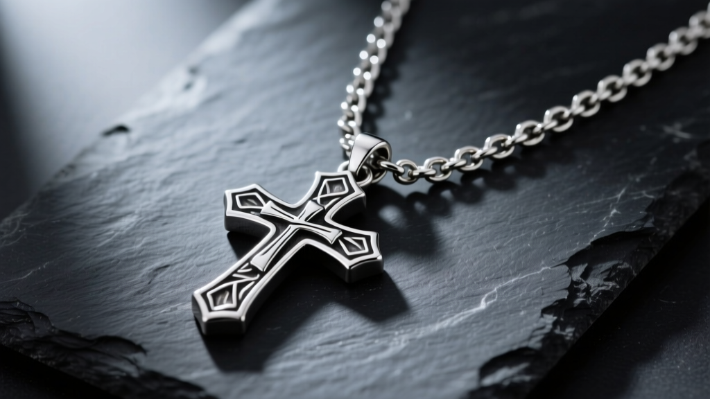 A masculine sterling silver James Avery cross necklace on dark slate, softly lit to show oxidized details and a heavy chain.
