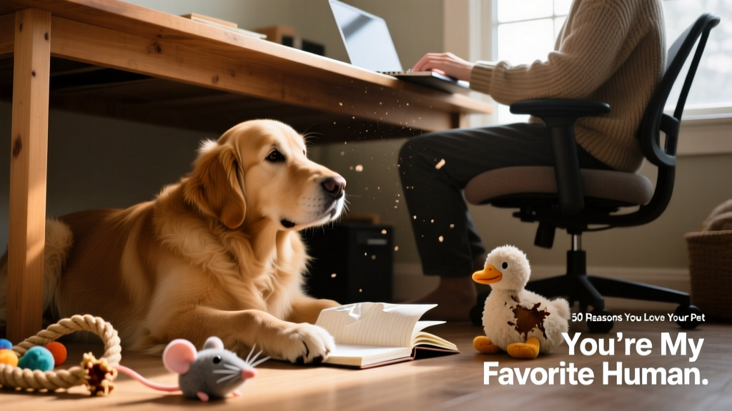 A relaxed dog lying under a desk beside their human working on a laptop, with a few toys scattered nearby