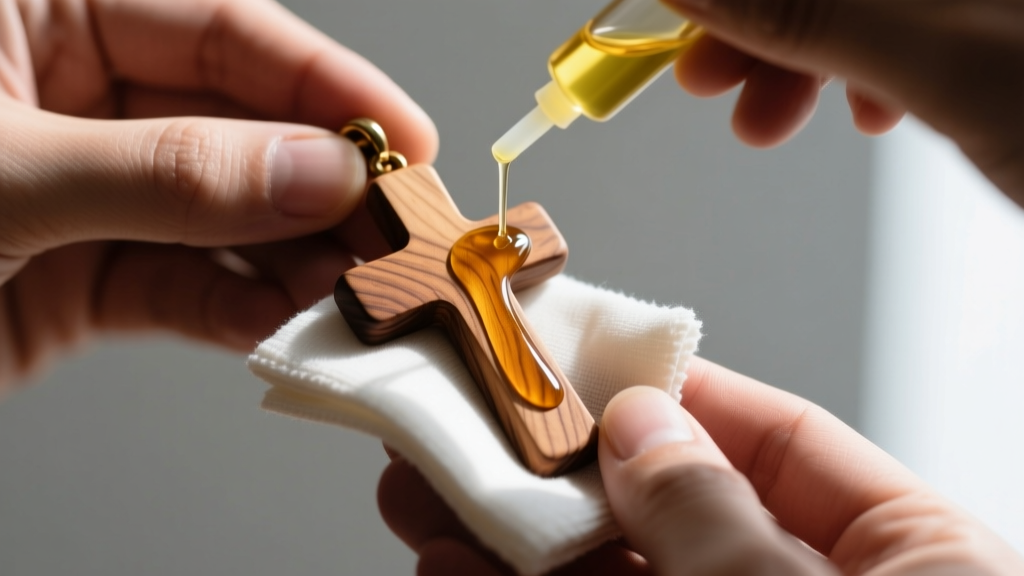 Hands applying food-grade mineral oil to a dull olive wood cross pendant using a soft, clean microfiber cloth.