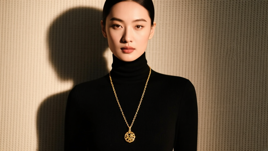 Woman in dark turtleneck dress wearing a long gold pendant necklace resting on knit fabric under soft, warm studio lighting