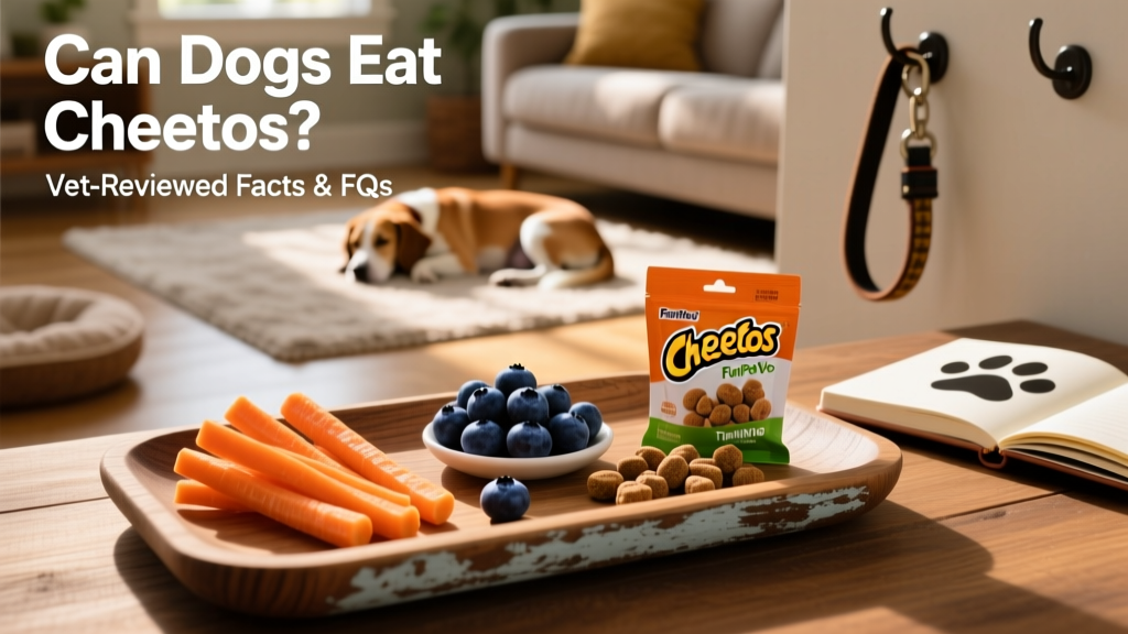 Assortment of dog-safe snacks including carrot sticks, blueberries, and FurPetVo training treats on a wooden tray