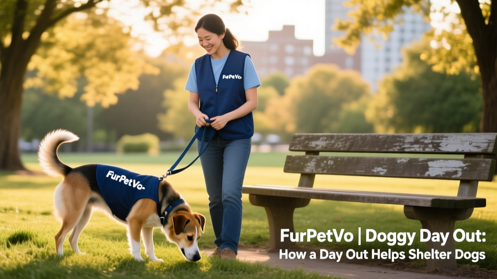 Volunteer holding a leash while a relaxed mixed-breed dog sniffs grass beside a picnic bench, both wearing FurPetVo-branded vests