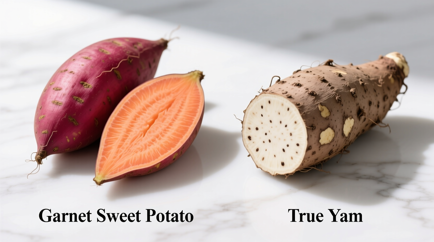Side-by-side comparison of garnet sweet potato and true yam
