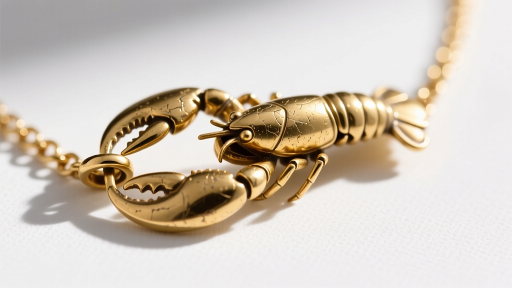 Close-up of a gold-plated necklace clasp showing slight wear on the lobster claw, revealing the pale brass base metal beneath