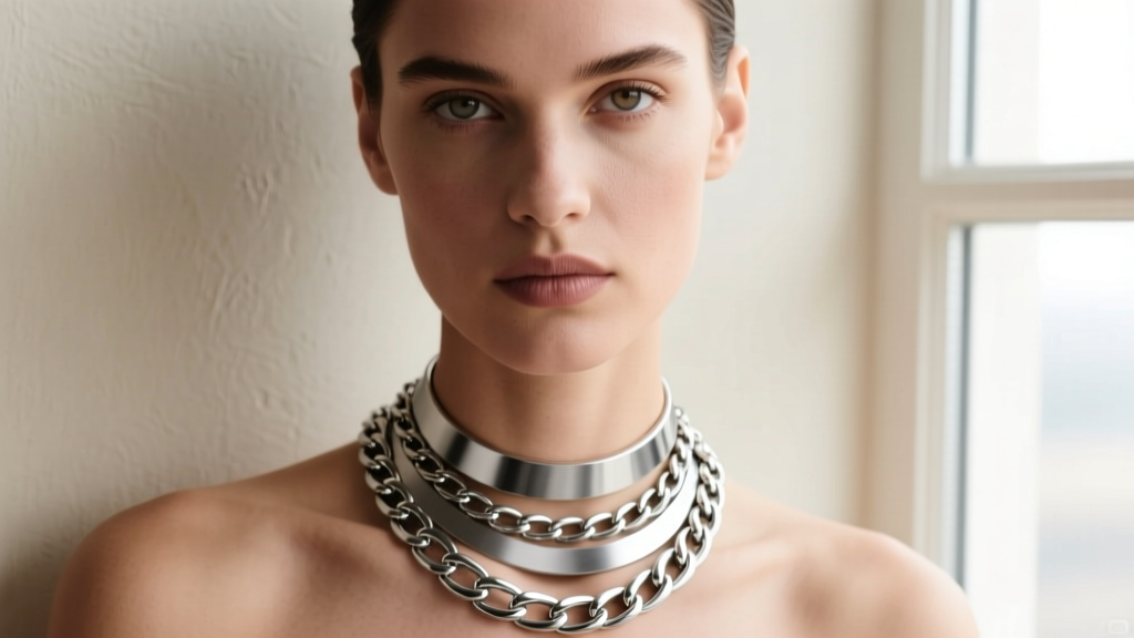 Person wearing layered stainless steel necklaces, highlighting the contrast between matte brushed and high-polish chain finishes.