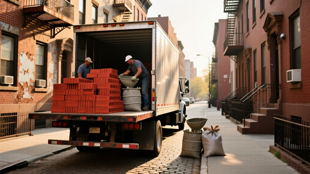 Flatbed truck delivering red clay bricks and cement to a narrow Bronx street lined with pre-war multi-family residential homes