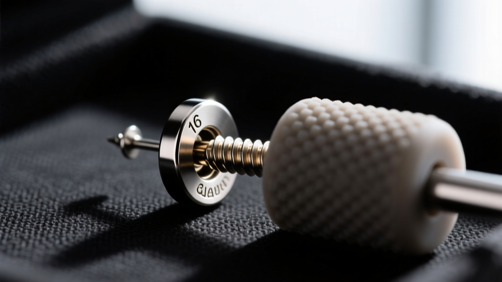 Detailed view of a 16-gauge titanium threaded earring back being carefully unscrewed using a textured silicone pad on a dark mat.